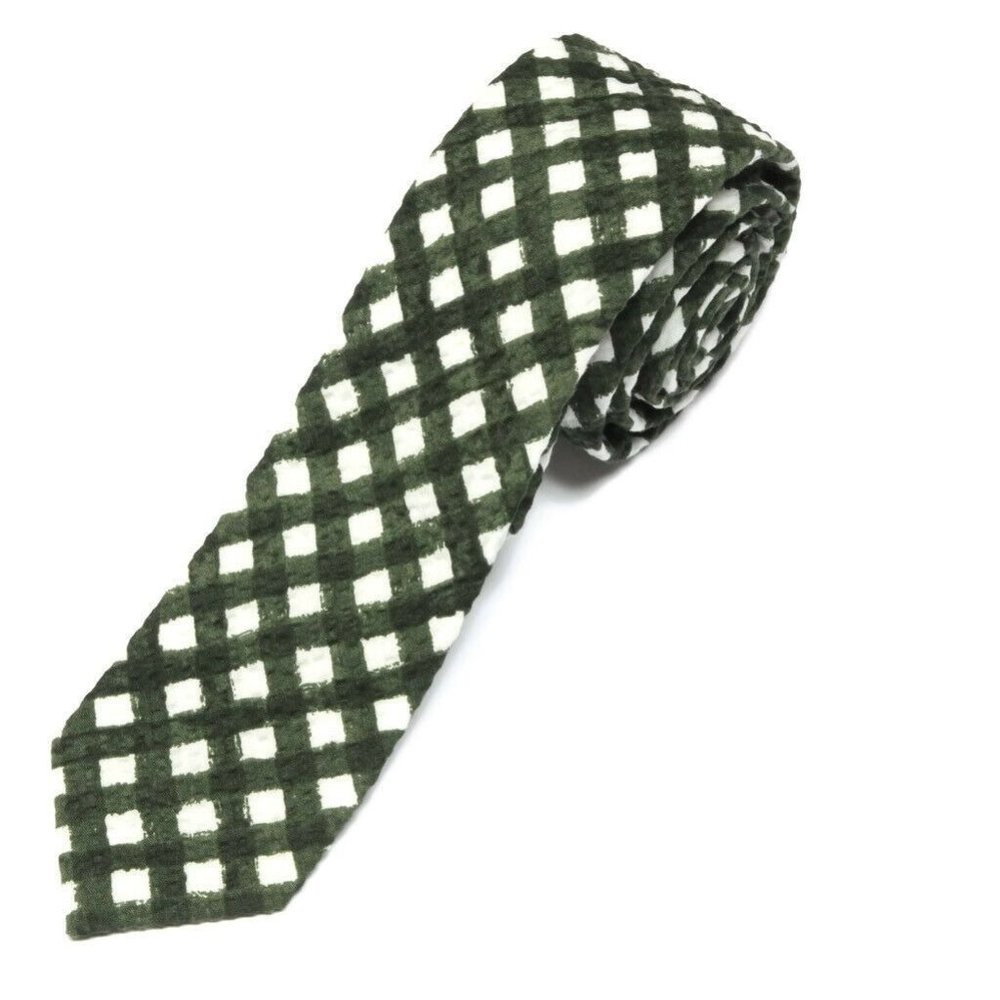 J. CREW Dapper Seersucker Olive Green and White Gingham Men's Cotton Neck Tie